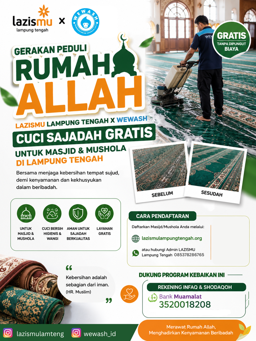 GERAKAN PEDULI RUMAH ALLAH Cuci & Bersihkan Sajadah Masjid dan Mushola GRATIS!GERAKAN PEDULI RUMAH ALLAH Cuci & Bersihkan Sajadah Masjid dan Mushola GRATIS!