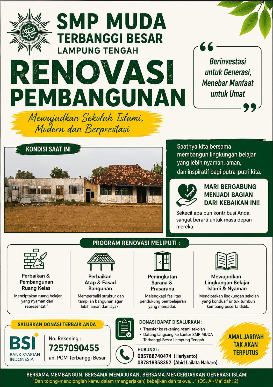 Donasi Renovasi SMP  Muhammadiyah Adi Jaya (MUDA) di RT 17 Adi Jaya Terbanggi Besar
